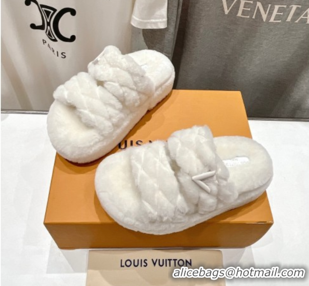 Luxurious Louis Vuitton LV Bliss Comfort Shearling Platform Slides Sandal White 2025 LV082906 0829116