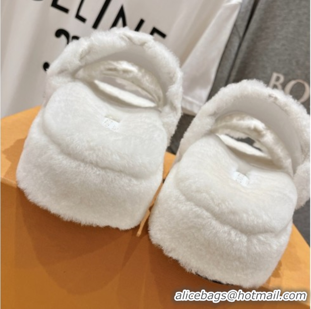 Luxurious Louis Vuitton LV Bliss Comfort Shearling Platform Slides Sandal White 2025 LV082906 0829116