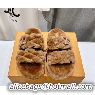 Discount Louis Vuitton LV Bliss Comfort Shearling Platform Slides Sandal Brown LV082906 0829117