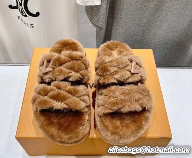 Discount Louis Vuitton LV Bliss Comfort Shearling Platform Slides Sandal Brown LV082906 0829117