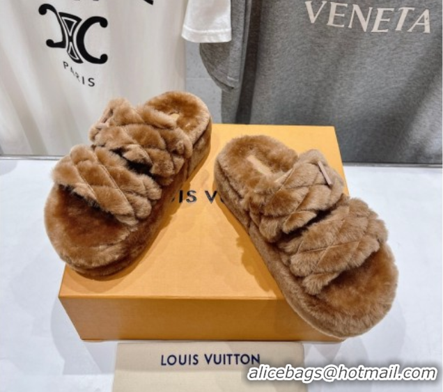Discount Louis Vuitton LV Bliss Comfort Shearling Platform Slides Sandal Brown LV082906 0829117