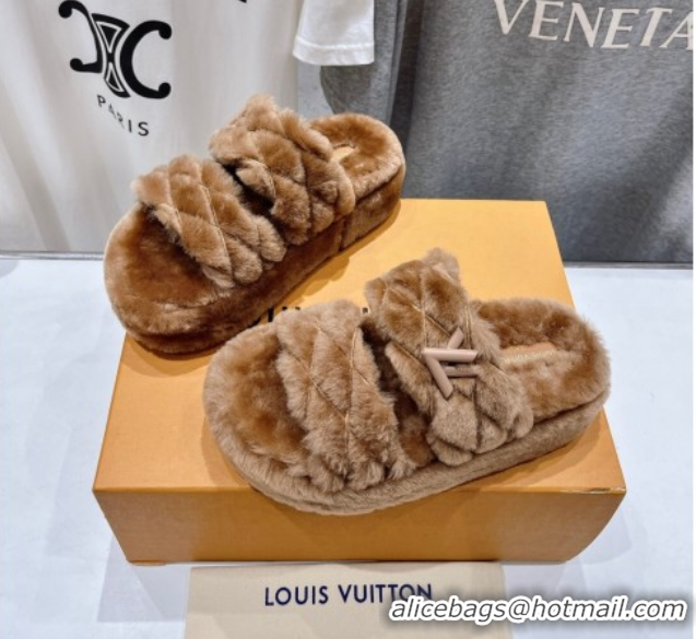Discount Louis Vuitton LV Bliss Comfort Shearling Platform Slides Sandal Brown LV082906 0829117
