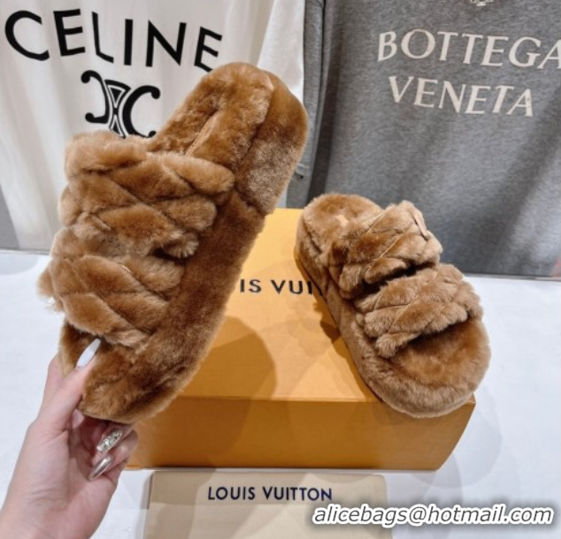 Discount Louis Vuitton LV Bliss Comfort Shearling Platform Slides Sandal Brown LV082906 0829117