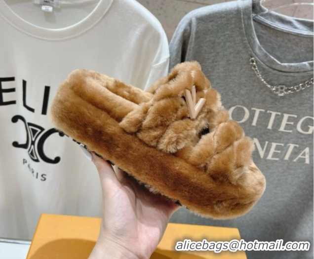 Discount Louis Vuitton LV Bliss Comfort Shearling Platform Slides Sandal Brown LV082906 0829117