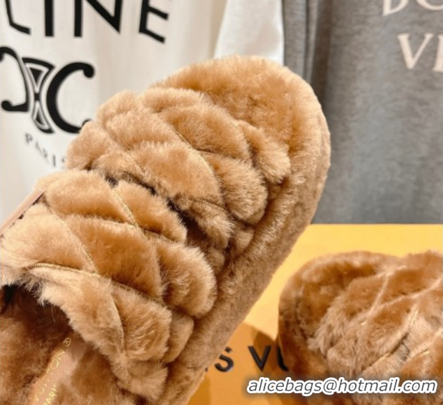 Discount Louis Vuitton LV Bliss Comfort Shearling Platform Slides Sandal Brown LV082906 0829117