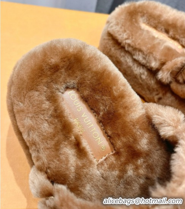 Discount Louis Vuitton LV Bliss Comfort Shearling Platform Slides Sandal Brown LV082906 0829117