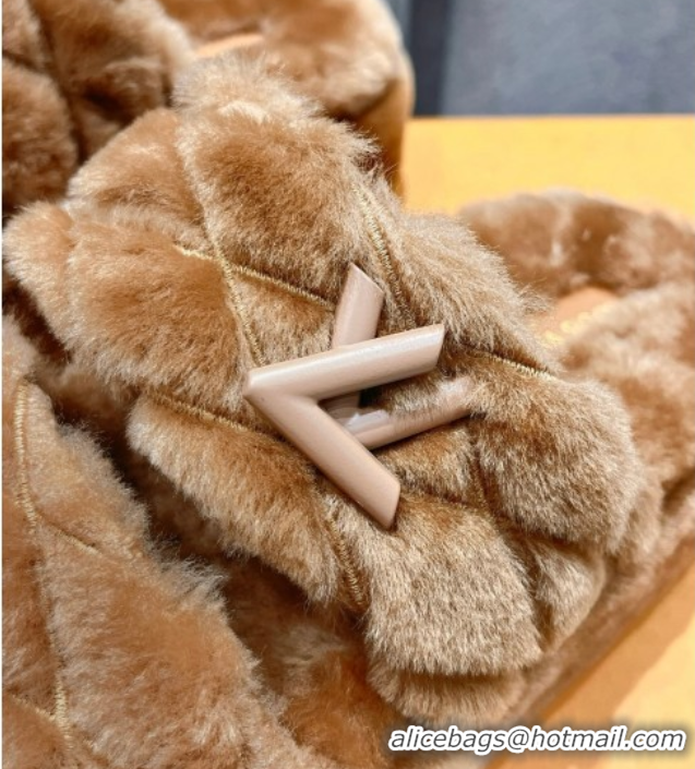 Discount Louis Vuitton LV Bliss Comfort Shearling Platform Slides Sandal Brown LV082906 0829117