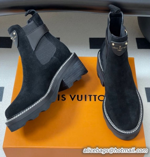 Best Grade Louis Vuitton LV Beaubourg Ankle Boots 4cm in Suede Black 1ACKCP 0829123