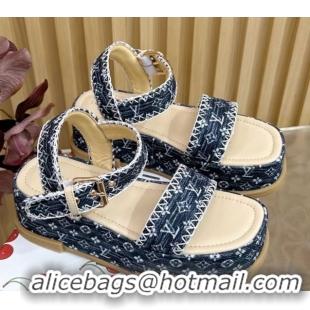 Good Quality Louis Vuitton Maya Platform Sandals 7cm in Monogram Jacquard Dark Blue 1AHNOK 0829128
