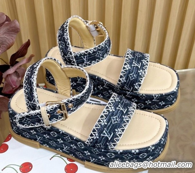 Good Quality Louis Vuitton Maya Platform Sandals 7cm in Monogram Jacquard Dark Blue 1AHNOK 0829128