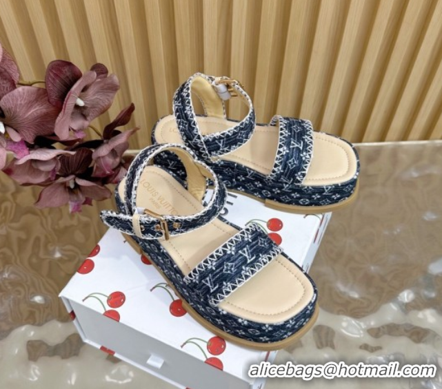 Good Quality Louis Vuitton Maya Platform Sandals 7cm in Monogram Jacquard Dark Blue 1AHNOK 0829128