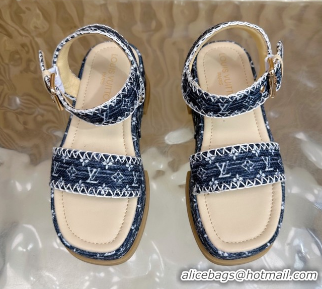 Good Quality Louis Vuitton Maya Platform Sandals 7cm in Monogram Jacquard Dark Blue 1AHNOK 0829128
