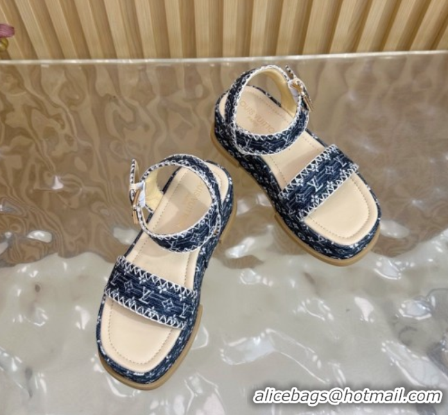 Good Quality Louis Vuitton Maya Platform Sandals 7cm in Monogram Jacquard Dark Blue 1AHNOK 0829128