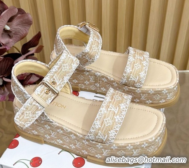 Best Grade Louis Vuitton Maya Platform Sandals 7cm in Monogram Raffia Straw Beige 1AHNOK 0829129