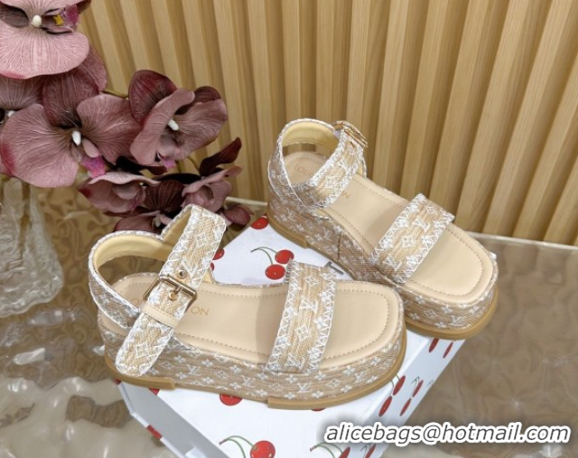 Best Grade Louis Vuitton Maya Platform Sandals 7cm in Monogram Raffia Straw Beige 1AHNOK 0829129