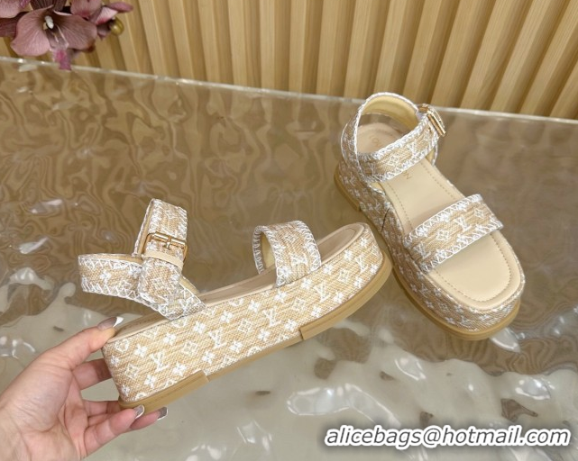 Best Grade Louis Vuitton Maya Platform Sandals 7cm in Monogram Raffia Straw Beige 1AHNOK 0829129