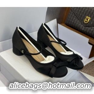 Stylish Dior Lovely-D Mary Janes Pumps in Satin with Bow Black 0822001