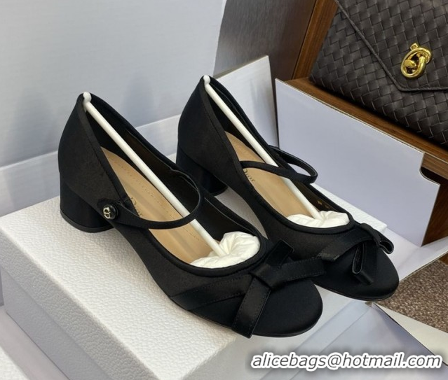 Stylish Dior Lovely-D Mary Janes Pumps in Satin with Bow Black 0822001