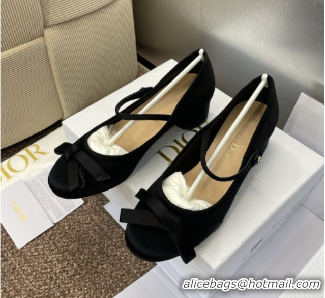 Stylish Dior Lovely-D Mary Janes Pumps in Satin with Bow Black 0822001