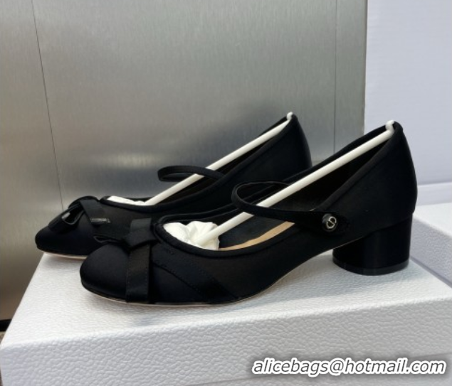 Stylish Dior Lovely-D Mary Janes Pumps in Satin with Bow Black 0822001