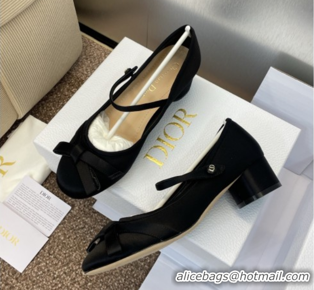 Stylish Dior Lovely-D Mary Janes Pumps in Satin with Bow Black 0822001