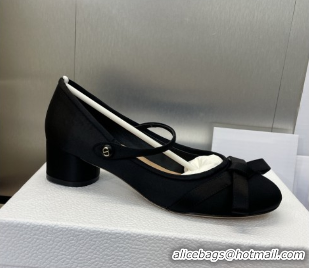Stylish Dior Lovely-D Mary Janes Pumps in Satin with Bow Black 0822001