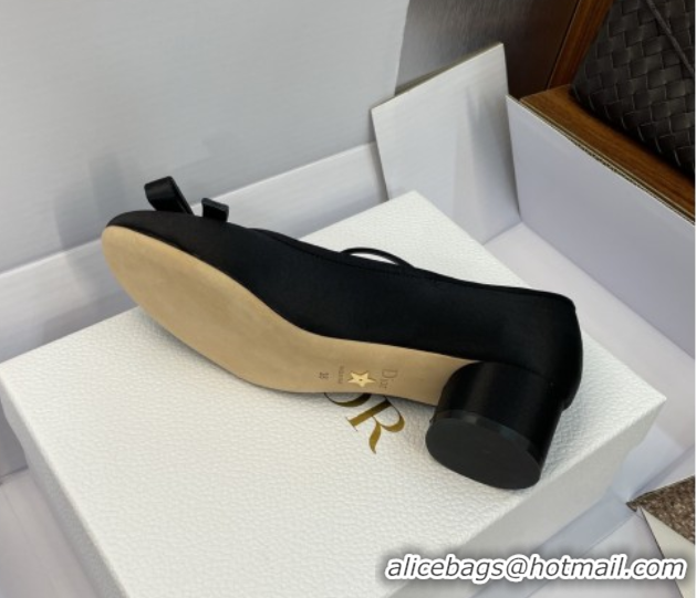 Stylish Dior Lovely-D Mary Janes Pumps in Satin with Bow Black 0822001