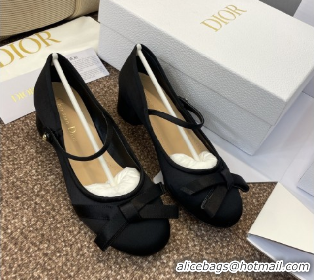Stylish Dior Lovely-D Mary Janes Pumps in Satin with Bow Black 0822001