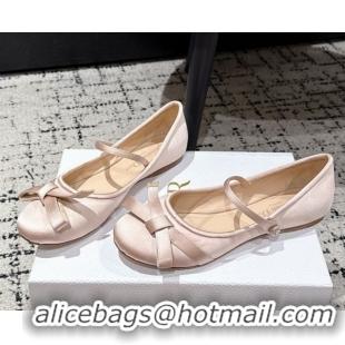 Best Grade Dior Lovely-D Mary Janes Ballet Flats in Satin with Bow Light Pink 0822004
