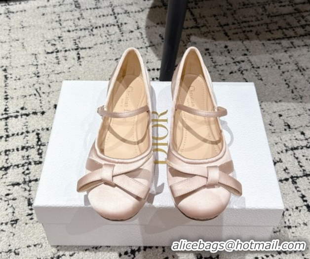 Best Grade Dior Lovely-D Mary Janes Ballet Flats in Satin with Bow Light Pink 0822004