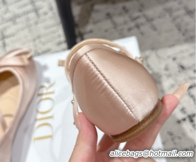 Best Grade Dior Lovely-D Mary Janes Ballet Flats in Satin with Bow Light Pink 0822004