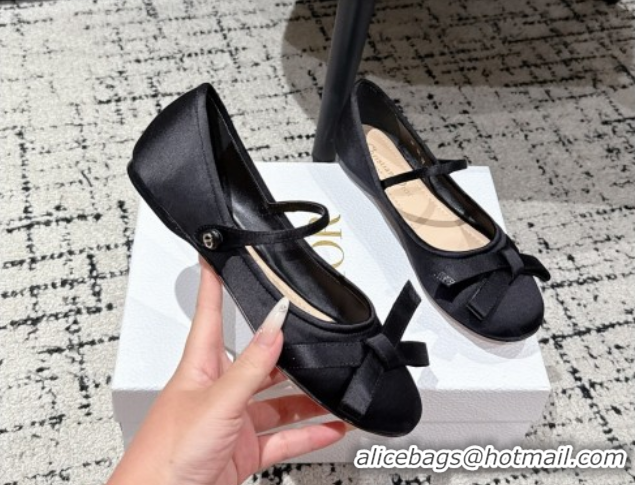 Perfect Dior Lovely-D Mary Janes Ballet Flats in Satin with Bow Black 0822005