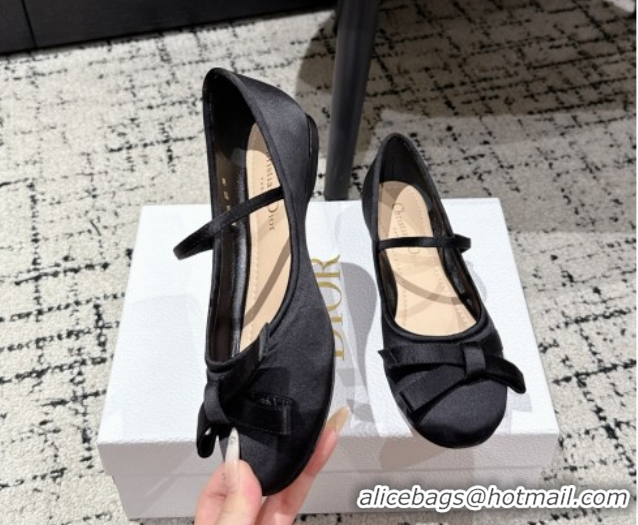 Perfect Dior Lovely-D Mary Janes Ballet Flats in Satin with Bow Black 0822005