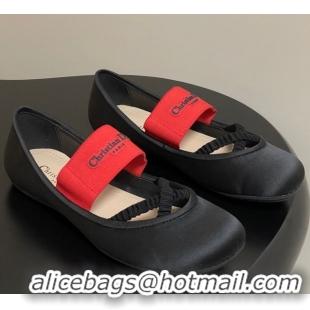 Good Quality Dior Shade Ballet Flats in Satin with Elastic Straps Black 0822006