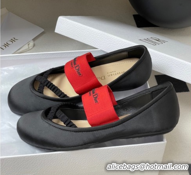 Good Quality Dior Shade Ballet Flats in Satin with Elastic Straps Black 0822006