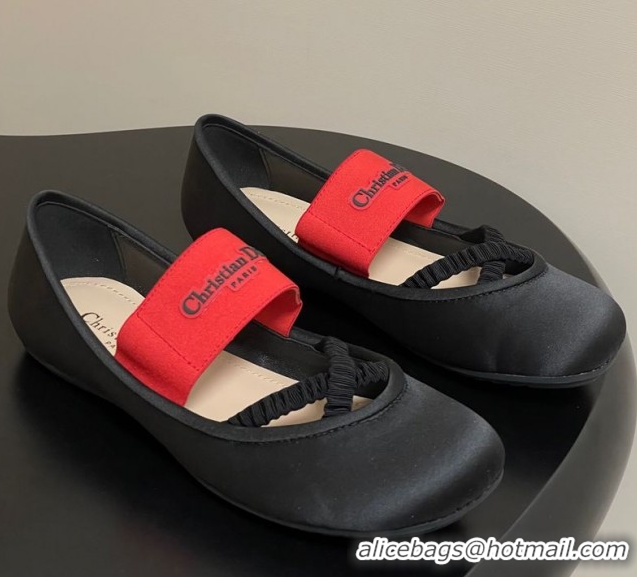 Good Quality Dior Shade Ballet Flats in Satin with Elastic Straps Black 0822006