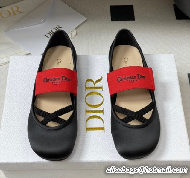 Good Quality Dior Shade Ballet Flats in Satin with Elastic Straps Black 0822006