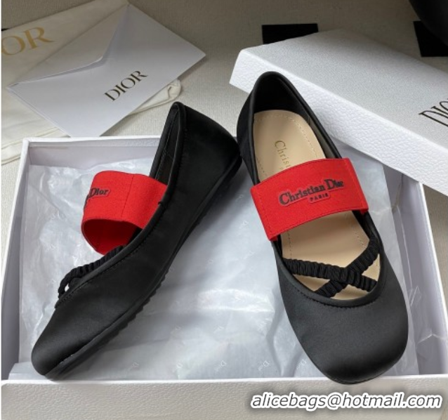 Good Quality Dior Shade Ballet Flats in Satin with Elastic Straps Black 0822006