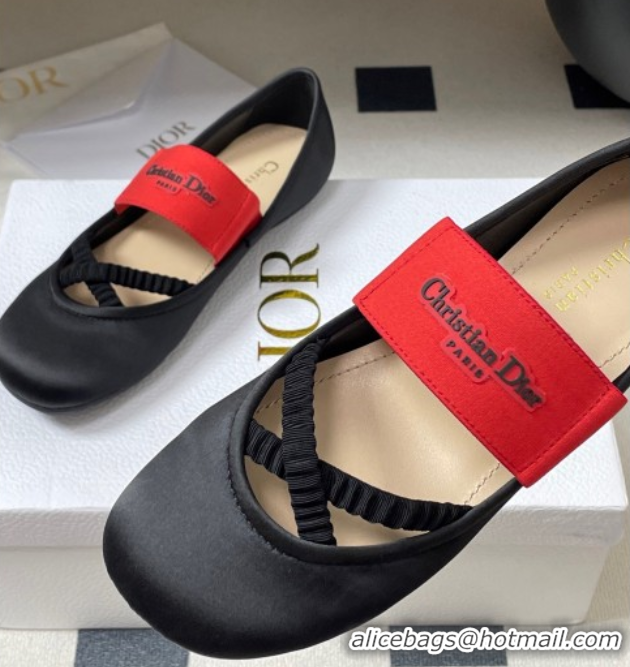 Good Quality Dior Shade Ballet Flats in Satin with Elastic Straps Black 0822006