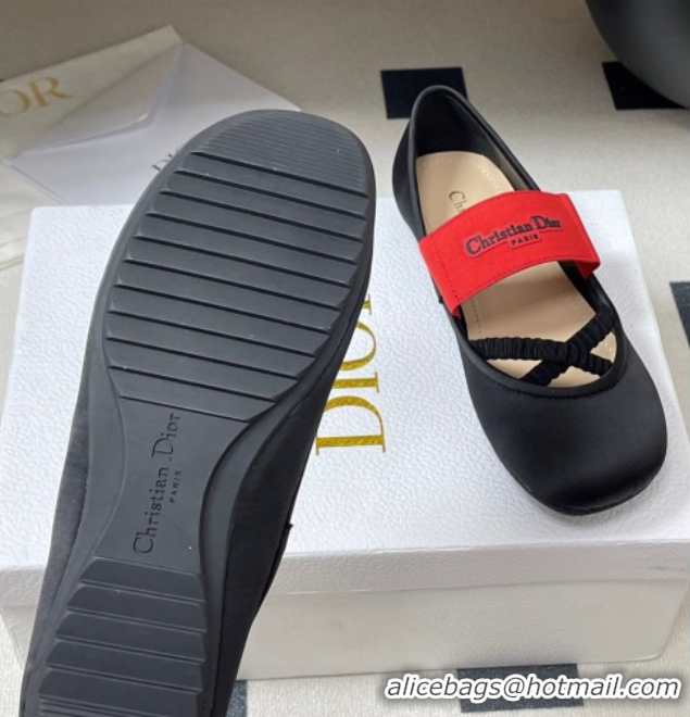 Good Quality Dior Shade Ballet Flats in Satin with Elastic Straps Black 0822006