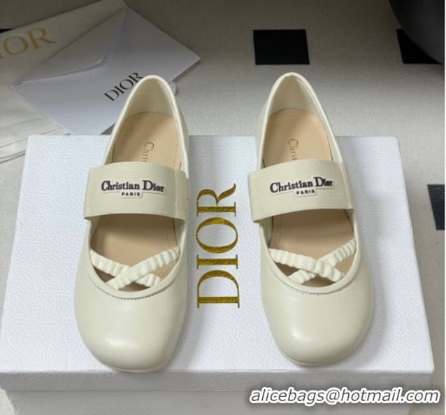 Classic Hot Dior Shade Ballet Flats in Lambskin with Elastic Straps White 0822008