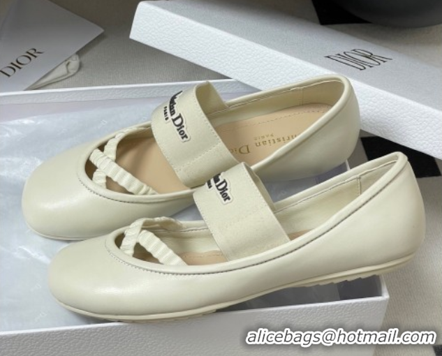 Classic Hot Dior Shade Ballet Flats in Lambskin with Elastic Straps White 0822008