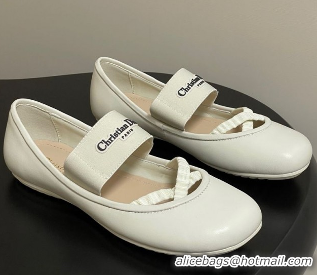 Classic Hot Dior Shade Ballet Flats in Lambskin with Elastic Straps White 0822008