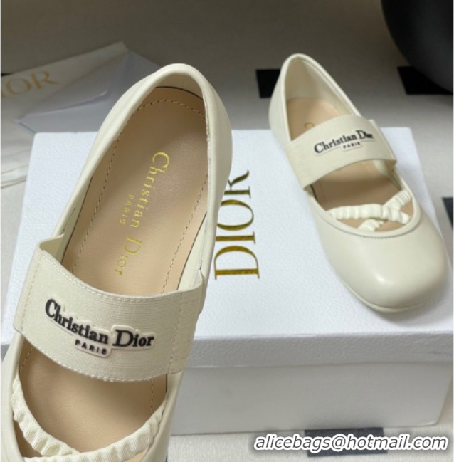 Classic Hot Dior Shade Ballet Flats in Lambskin with Elastic Straps White 0822008