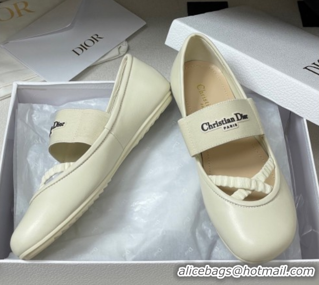 Classic Hot Dior Shade Ballet Flats in Lambskin with Elastic Straps White 0822008