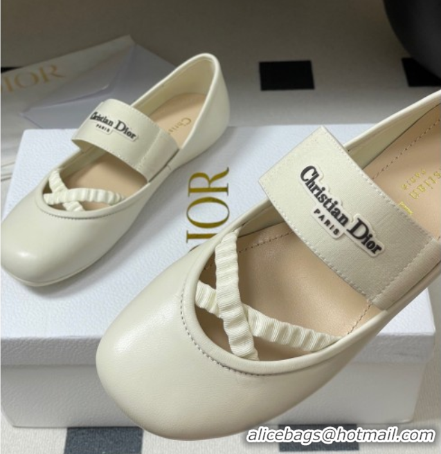 Classic Hot Dior Shade Ballet Flats in Lambskin with Elastic Straps White 0822008