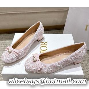 Charming Dior Ballet Pumps 3cm in Quilted Cannage Tweed with Pearl Bow Pink 0822009
