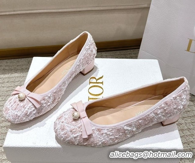 Charming Dior Ballet Pumps 3cm in Quilted Cannage Tweed with Pearl Bow Pink 0822009