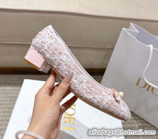 Charming Dior Ballet Pumps 3cm in Quilted Cannage Tweed with Pearl Bow Pink 0822009