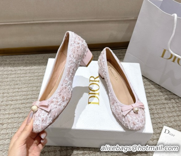 Charming Dior Ballet Pumps 3cm in Quilted Cannage Tweed with Pearl Bow Pink 0822009